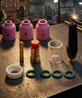 Heavy Duty Tig Torch Consumables Kit With Copper Collet Body And Clear Cup For Clean Welds. Durable ceramic nozzles and Swagelok parts.