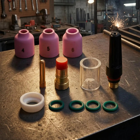 Heavy Duty Tig Torch Consumables Kit With Copper Collet Body And Clear Cup For Clean Welds. Durable ceramic nozzles and Swagelok parts.