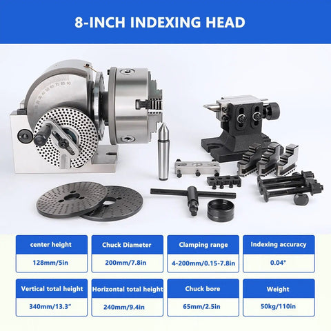 Heavy Duty Precision Dividing Head With Three Jaw Chuck And Full Sweep Rotary Table Tailstock Mount For Benchtop Milling Machines One Ninety Reduction Ratio Eight Inch with components laid out.