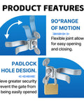 Heavy Duty Wall Mount Chain Link Gate Latch For Metal Fences showing 90° range of motion and padlock hole design