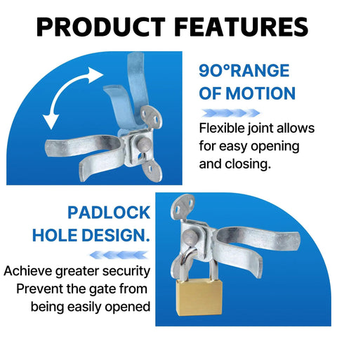 Heavy Duty Wall Mount Chain Link Gate Latch For Metal Fences showing 90° range of motion and padlock hole design