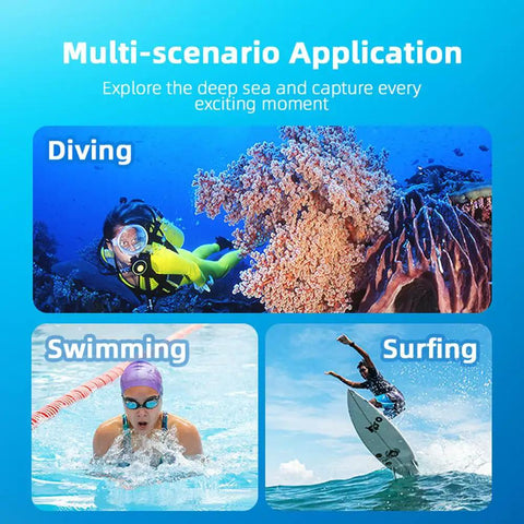 Multi-activity use of Underwater Dive Case Waterproof Housing For GO 3 And GO 3S in diving, swimming, and surfing scenarios.