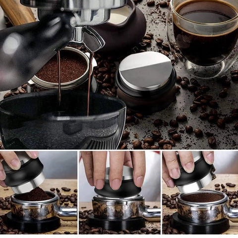 Dual Head Espresso Coffee Distributor And Adjustable Tamper With Bamboo Base Smoothly fluffs and levels grounds during espresso preparation.