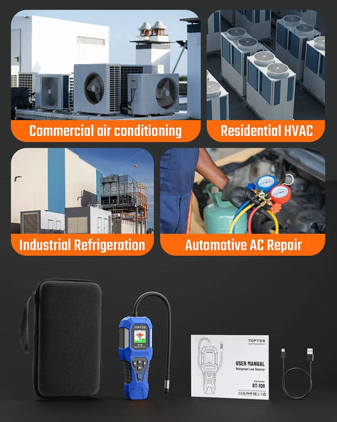 Refrigerant Leak Detector RT 108 With Halogen Ionization Sensor For R134a CFCs HCFCs HFCs HVAC Freon Leak Detection 3 Sensitivity Levels Quick Response And AC Diagnostics Pro Grade Tool, blue handheld kit with case