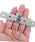 Close-up of stainless steel heavy-duty hinge strap with central barrel hinge and three mounting holes