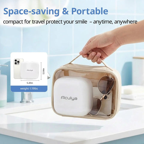Cordless Ultrasonic Retainer Cleaner 50kHz Rechargeable Cleaning Pod With Built In Mirror For Jewelry Aligners Braces Toothbrush Heads Night Guards Dentures Deep Cleaning On The Go, 5.2in white travel case