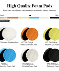 Image of 6-piece 7 Inch Buffing Polishing Pads Kit for Car Detailing with wool and foam pads showing different hardness levels.