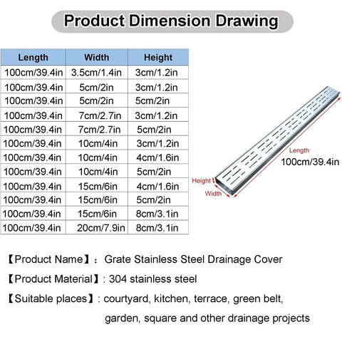 Outdoor Trench Drainage Kit dimensions chart showing sizes for pathways, courtyards, lawns, and driveways.