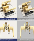 Comparison of 2 Pack Gold Dummy Door Handles For Interior Doors, Satin Brass, showing weights and materials.