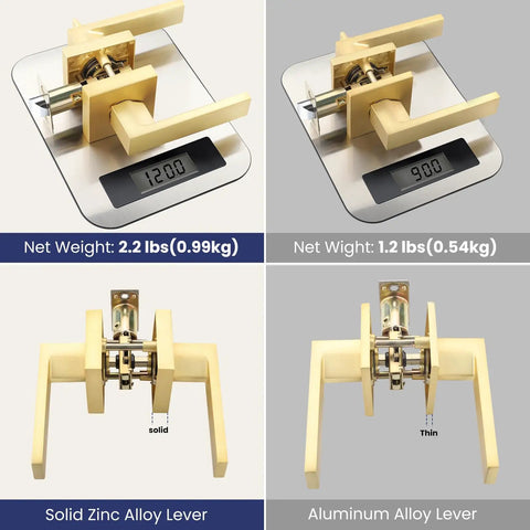 Comparison of weights and materials of 5 Pack Hallway And Closet Door Levers Dope Sleek Modern Gold Finish Keyless Non Locking Heavy Duty Lockset For Right Or Left Handed Doors Smooth Operation Easy Install In Home Or Office Spaces with scales showing zinc and aluminum.