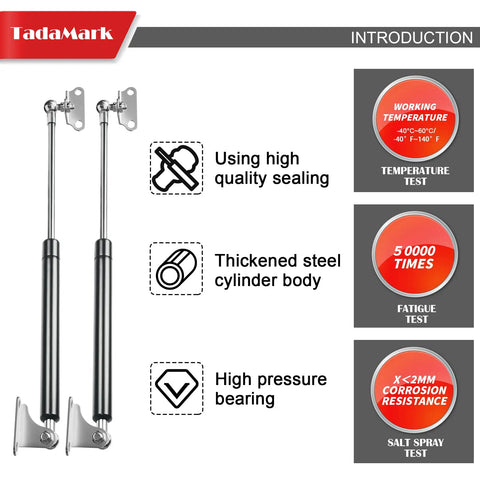 Rugged Gas Struts With Mounting Brackets 17 Inch Lift Supports for Toolboxes and RV Hatches, showcasing seals and steel body.