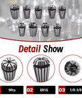 Nine Piece ER16 Spring Collet Set For CNC Milling Lathe Tools One Eighth To Three Eighths Inch Sizes on detail display