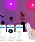 36W LED Music Ceiling Light With Bluetooth Speaker, RGB Color Changing Flush Mount Lamp in use with remote and app controls visible