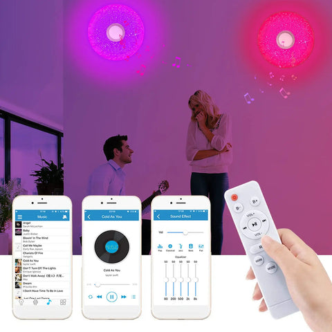 36W LED Music Ceiling Light With Bluetooth Speaker, RGB Color Changing Flush Mount Lamp in use with remote and app controls visible