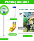 All In One Green Soil Moisture Meter Plant Water Monitor With Soil Hygrometer 200 Plus Plant Care Guide 100 pH Test Strips And Sample Tube No Battery Needed For Garden And Lawn packaging showing meter, 100 pH strips, test tube, care guide.