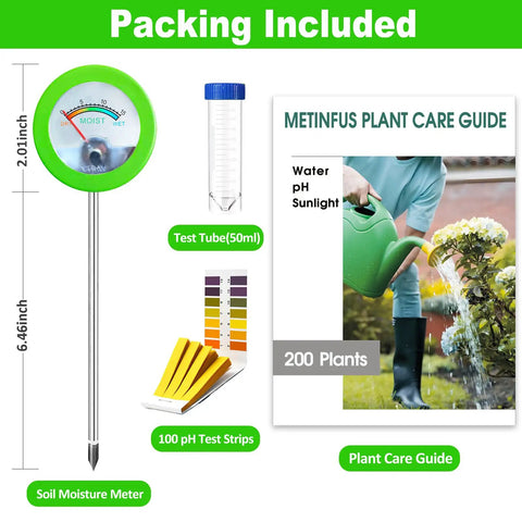 All In One Green Soil Moisture Meter Plant Water Monitor With Soil Hygrometer 200 Plus Plant Care Guide 100 pH Test Strips And Sample Tube No Battery Needed For Garden And Lawn packaging showing meter, 100 pH strips, test tube, care guide.