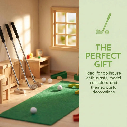 Alloy Mini Golf Club Set With Six Clubs And Four Balls For Dollhouse Dioramas And Display Scenes in a miniature golf setup