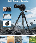 Beefy Heavy Duty Aluminum Camera Tripod With 19 To 75 Inch Extendable Height on rocky terrain, showing features and durability.