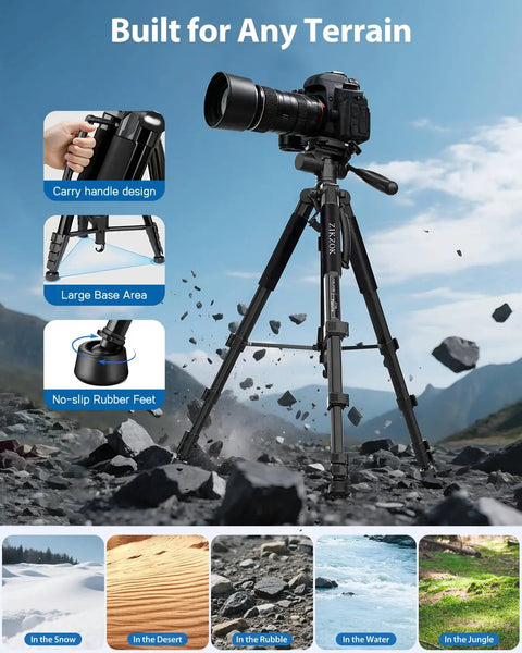Beefy Heavy Duty Aluminum Camera Tripod With 19 To 75 Inch Extendable Height on rocky terrain, showing features and durability.