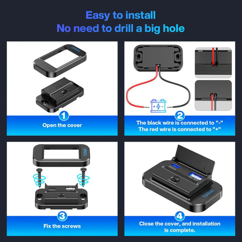 Image showing installation steps for Road Warrior Ready Dual Fast Charging 12 Volt Usb Outlet Panel 4 Pack with Type C and USB-A QC ports.