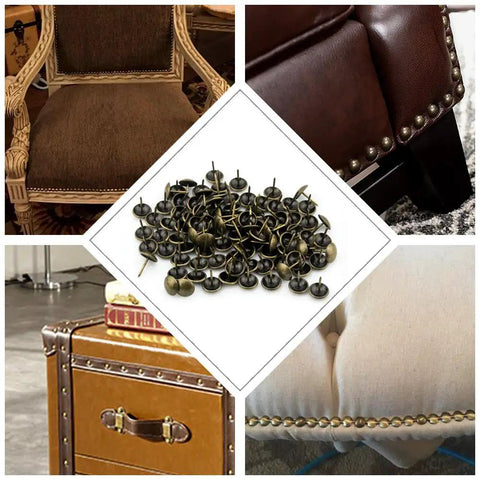 Top Shelf 100 Piece Set Of Antique Bronze Upholstery Nails and Decorative Furniture Tacks displayed on various furniture pieces.