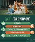 Family with dog on lawn above text promoting Castor Oil Mole And Vole Repellent For Lawns And Gardens, Safe Outdoor Deterrent.