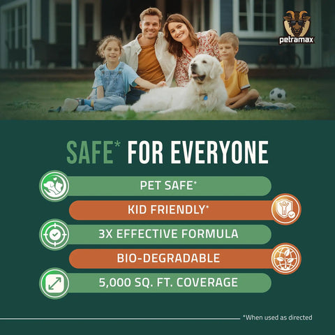 Family with dog on lawn above text promoting Castor Oil Mole And Vole Repellent For Lawns And Gardens, Safe Outdoor Deterrent.