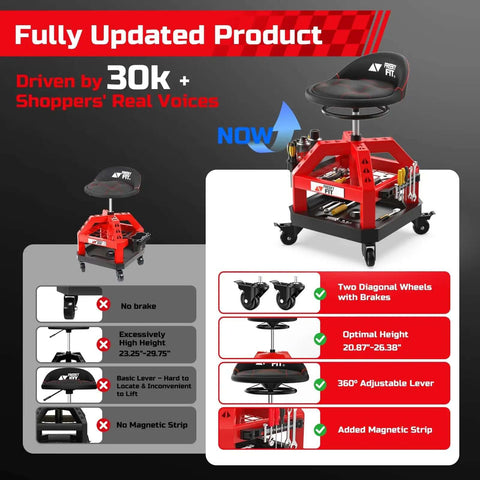 Beefy Heavy Duty Rolling Shop Stool For Garage With Casters Adjustable Height 360 Degree Swivel Seat Tool Tray Storage 330 Lbs Capacity Padded Mechanic Stool Magnetic Tool Hold Red with tool tray and magnetic strip.