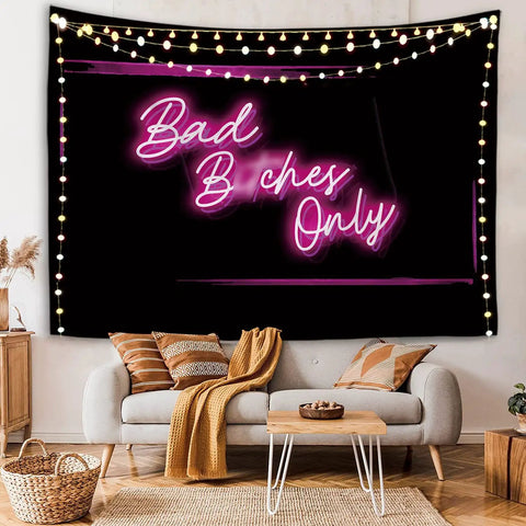 Bad Bitches Only Neon Wall Tapestry For Bedroom And Living Room Outdoor, 51x60 inches, polyester, hanging above a sofa