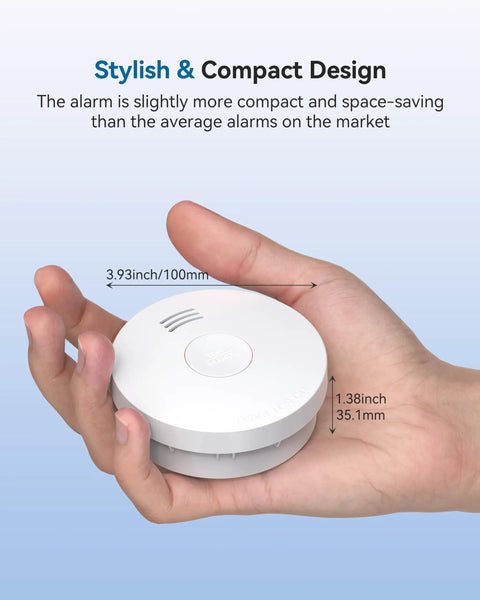 Must Have 10 Year Battery Smoke Alarm With Photoelectric Sensor For Home And Bedroom UL217 Listed Fire Safety Alarm With Low Battery And Fault Warning GS525A 6 Pack, compact round unit in hand