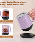 Total Game Changer For Your Morning Grind With This 12 Oz Self Heating Smart Mug showing vacuum sealed technology and design