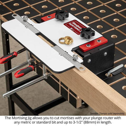 Mortising Jig For Plunge Router Easy To Cut Precise Mortises For Loose Tenon Joinery Portable Benchtop Tool Perfect For Furniture Cabinets Projects Great For Hobbyists And Pros USA Made MJ-24 installed on workbench