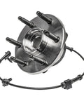4x4 Front Wheel Bearing Hub Kit For Silverado Sierra Yukon XL Express Savana 2500 Chevy GMC Cadillac Escalade Includes 2 Front Hubs With Bearings And 2 Mounting Bolts, showing a close-up of a metal hub assembly with attached wiring.