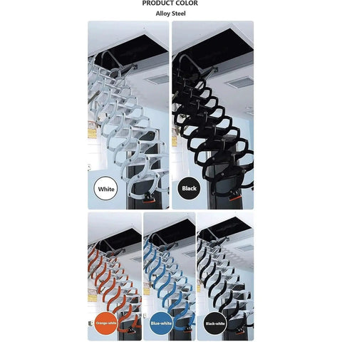 Electric Attic Ladder With Remote Control Alloy Folding Ceiling Mounted Pull Down Loft Staircase in multiple colors: white, black, orange-white, blue-white.