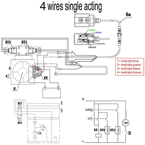 Wiring diagram for dump trailer remote control switch with 4 wires, 12V DC hydraulic pump power units, and color-coded connections.
