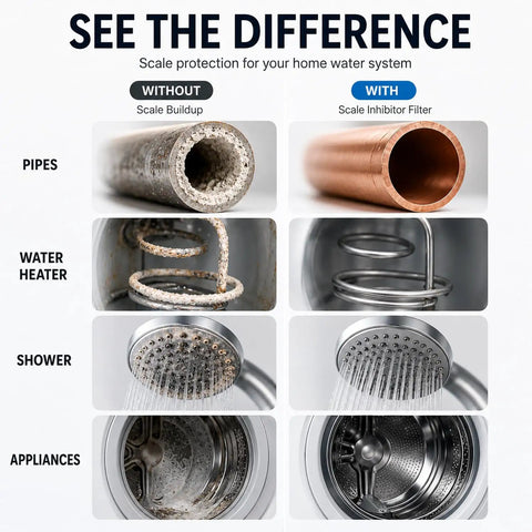 Comparison of pipes, water heater, shower, and appliances showcasing scale buildup vs. Real Deal Inline Water Softener For Every Residential Heater Kick Stubborn Calcium Crust To The Curb While Keeping Your Plumbing Smooth With NSF Certified Resin Guard.