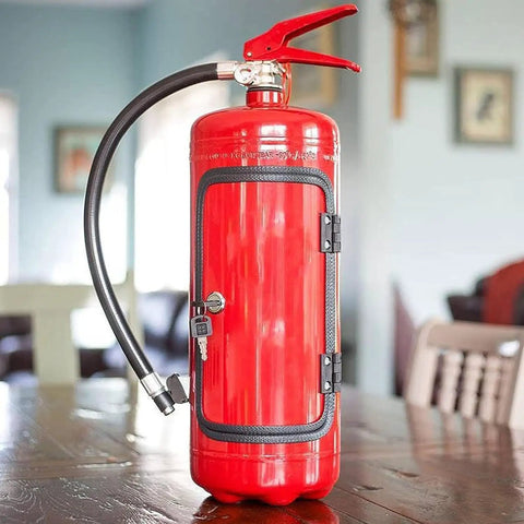 Disguised As A Realistic Fire Extinguisher Mini Bar Delivers secure hidden booze storage with lock and key, mounted upright.