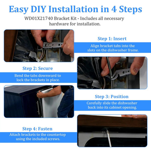 Easy installation guide for Heavy Duty Countertop Dishwasher Mounting Brackets, 4 Pack With Screws, No Sweat Replacement For WD01X21740.