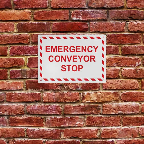 Built Tough Osha Emergency Conveyor Stop Sign Heavy Duty Weatherproof Plastic For Indoor Or Outdoor Use Uv Resistant Wall Mounted Industrial Safety Placard No Sweat Installation With Bold Warning Markings on brick wall.