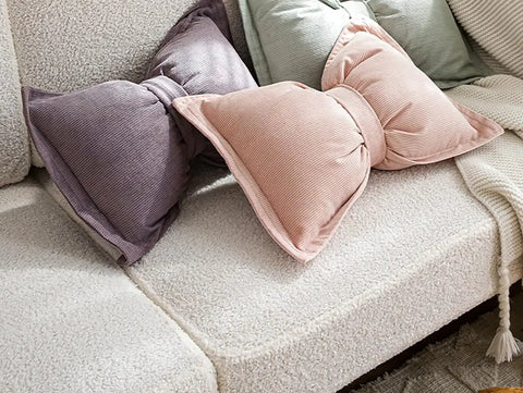 Corduroy Bow Knot Throw Pillow With Belt Comfy, Soft, Breathable Cushion For Sofa, Bed Or Office Chair Decor In Ashy Pink 11.8x19.7 Inches Hidden Zipper PP Cotton Filling Soft Cotton Blend Inside on sofa