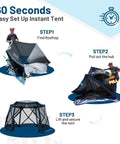 Pop Up Gazebo With Netting, Instant Screen House That Sets Up In 60 Seconds, No Tools Needed, Easy Breezy 12.1 Ft By 10.5 Ft By 7.2 Ft, Fits 8 People, Perfect For Camping, Backyard, Patio, Tailgating, Picnics illustrated setup process.