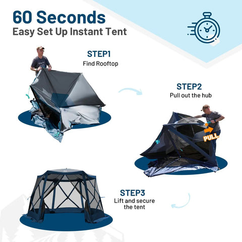 Pop Up Gazebo With Netting, Instant Screen House That Sets Up In 60 Seconds, No Tools Needed, Easy Breezy 12.1 Ft By 10.5 Ft By 7.2 Ft, Fits 8 People, Perfect For Camping, Backyard, Patio, Tailgating, Picnics illustrated setup process.