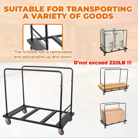 Heavy Duty Folding Table Cart With 5 Inch Swivel Locking Wheels Portable Black Table Rack For 60 Inch Round Tables Ideal For Garage Home Warehouse Parties And Event Venues, showing adjustable middle rod and transporting various goods.