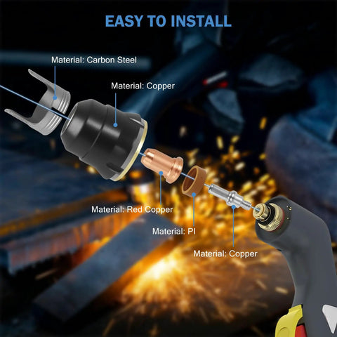 Top Notch 23 Piece IPT60 Plasma Cutter Consumables Kit For CUT55 And CUT60 Non Hf Models With 40 To 50 Amp Current showing various torch components.