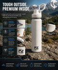 26 Oz MagSafe Water Bottle With Snap On Phone Cradle Double Wall Steel Keeps Your Hydration Icy All Day Long Zero Drip Build Pumped Up For Heavy Sweats Weekend Campouts And Nationwide Road Warrior Runs Ivory on outdoor rock background.
