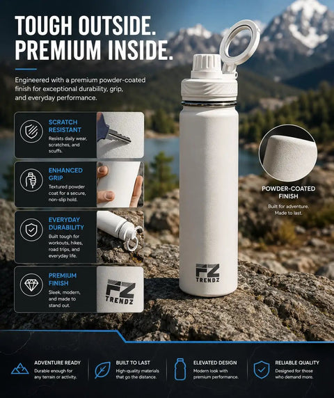 26 Oz MagSafe Water Bottle With Snap On Phone Cradle Double Wall Steel Keeps Your Hydration Icy All Day Long Zero Drip Build Pumped Up For Heavy Sweats Weekend Campouts And Nationwide Road Warrior Runs Ivory on outdoor rock background.