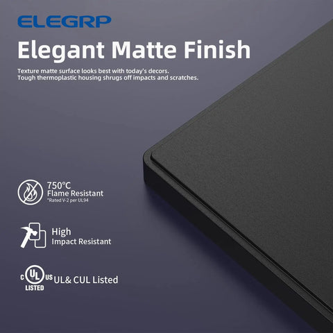 Close-up of matte black finish on 2 Gang Screwless Wall Plates Mid Size Unbreakable Thermoplastic Faceplates For Decorator Receptacle Outlets UL Listed Matte Black 5 Pack Easy Install Durable Modern Home Decor showcasing flame resistance and UL listing.