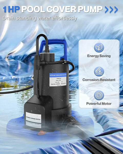 Heavy Duty 1HP Automatic Pool Cover Pump Delivers 3500 GPH with submersible design for efficient water drainage.