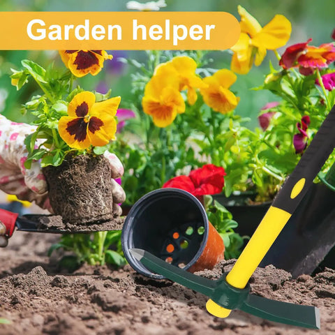 Dual Head 15 Inch Garden Pickaxe And Mattock Weeding Hoe with rubber handle beside a gardener planting flowers in soil