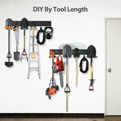 Heavy Duty Wall Mounted Tool Organizer Rack With 3 Rails And 6 Removable Hooks holding tools in garage or workshop.